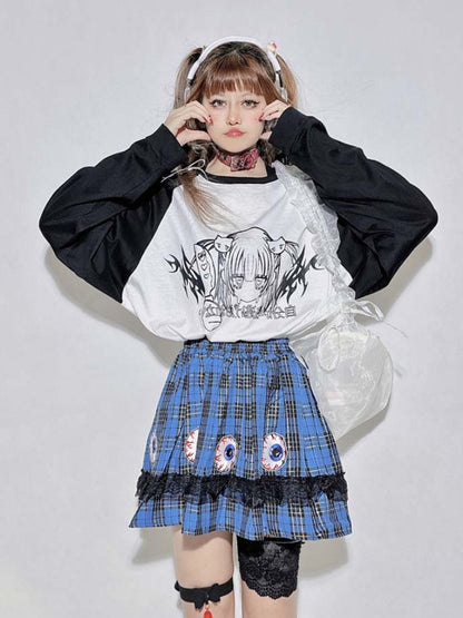 Schwarz-weißes Rundhals-Cartoon-Top