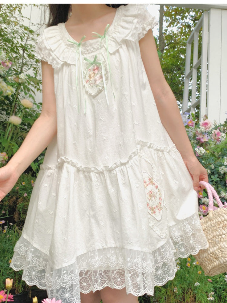 Trim Mori Kei Dress White Floral Embroidery Lace