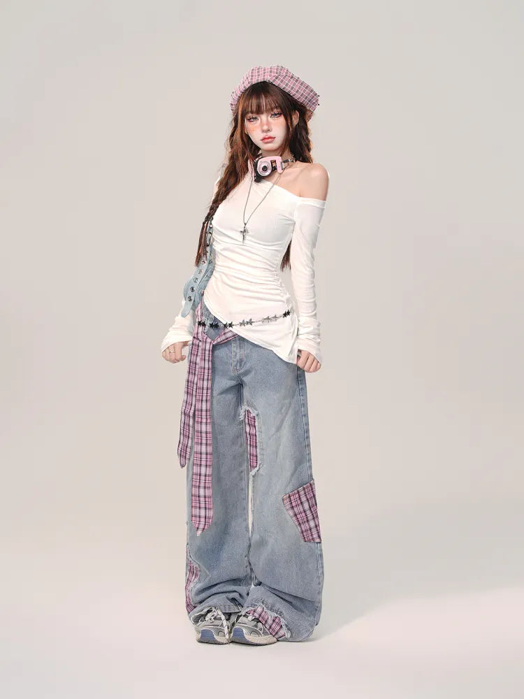 S Cut Wide-leg Bowknot Size Rose Plaid Jeans Clearance Blue Waist - 66CM Red for