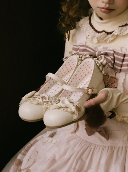 Adorable Bear Mary Off-white Ears Janes Low-heel PU with