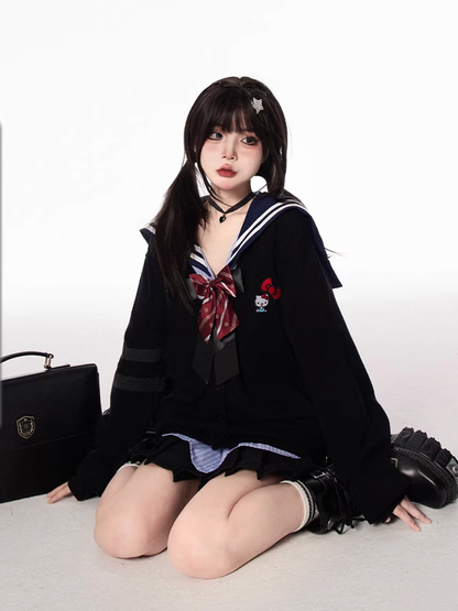 Strickjacke für JK Uniform Preppy Schwarz/Grau V-Ausschnitt Herbststil