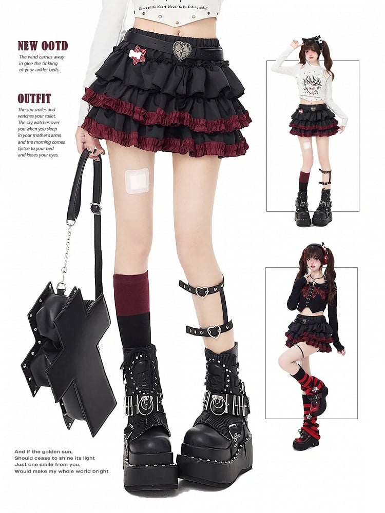 Hem Free with Punk Belt Ruffle Skirt Black Waist Tiered
