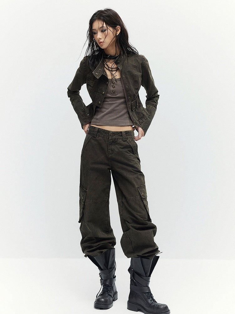Coffee Straight Leg Cargo Pants with Drawstring Cuffs - Low pixel