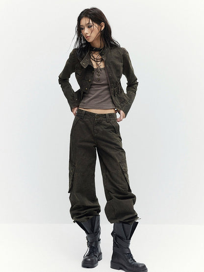 Coffee Straight Leg Cargo Pants with Drawstring Cuffs - Low pixel