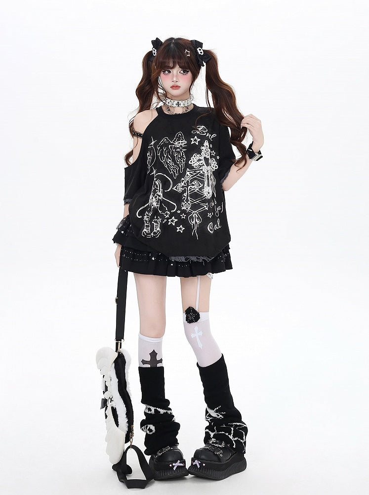 ブラック/ベージュ カットアウトショルダー グラフィティ ビタースイート Tシャツ エンジェルラッキー