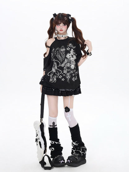 ブラック/ベージュ カットアウトショルダー グラフィティ ビタースイート Tシャツ エンジェルラッキー