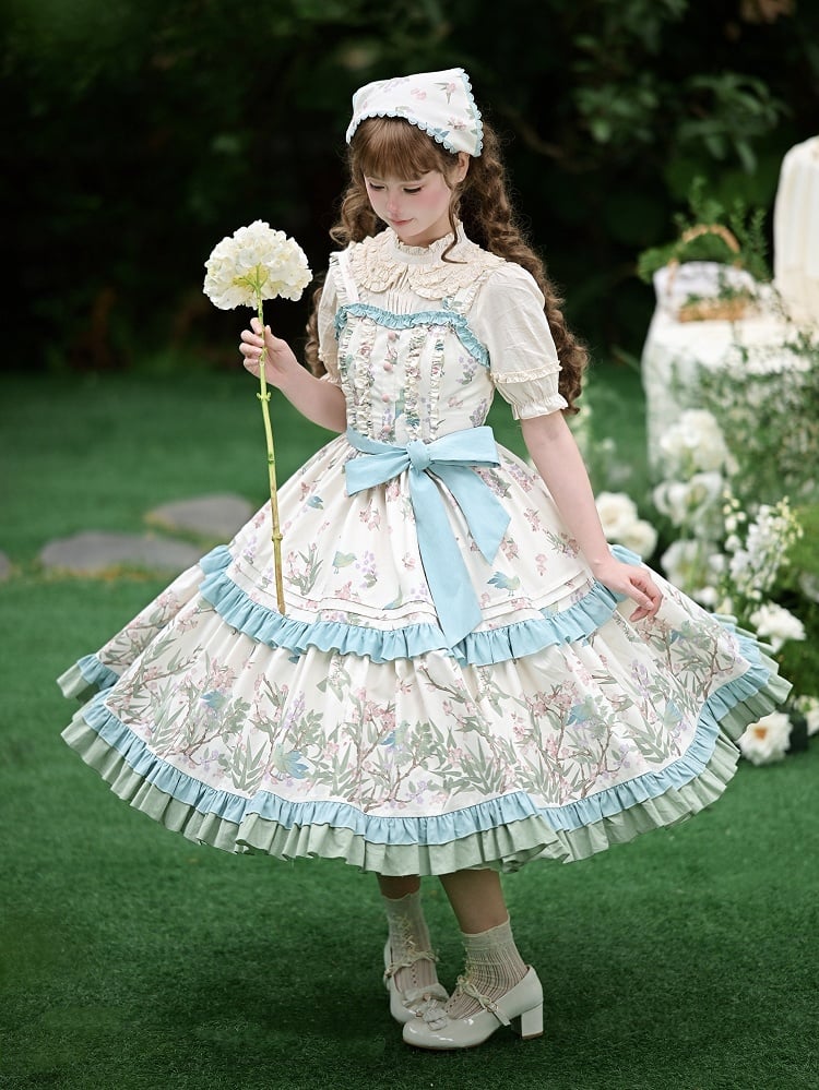 Skirt Bird Kei Lolita Jumper Print Natural Waist with Belt and Floral
