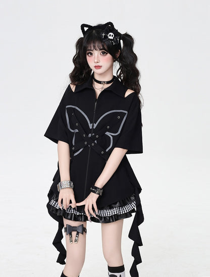 Cascading Ruffles Black Cutout Shoulder Butterfly with Criss-cross Design  Zip-up Shirt