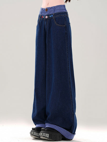 Marineblaue, karierte Patchwork-Jeans mit weitem Bein und Bund