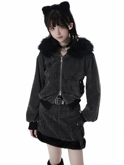 Gray Cargo Plush Detail Skirt Dark with Asymmetrical and Hem Pockets