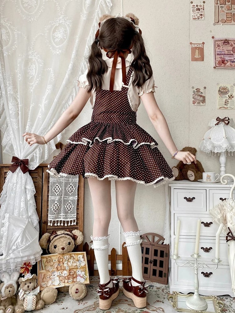 Muster Altes gepunktetes Schokoladen-Overall-Schulkleid Braun Lolita