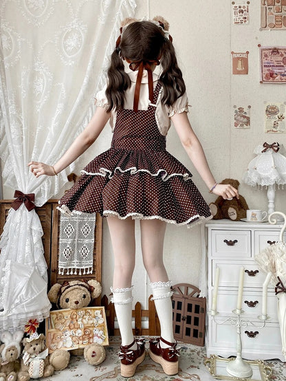 School Lolita Chocolate Polka-dot Pattern Dress Brown Overall Old