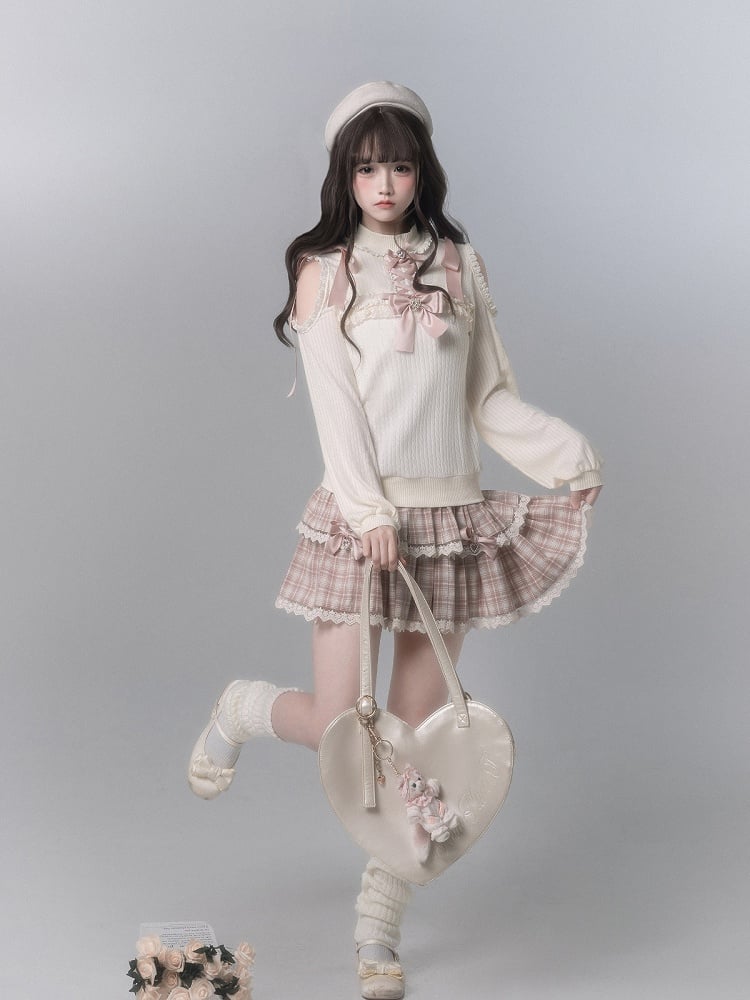 White Top Decor Kei Knit Trim Ribbon Pink With Lace Shoulder Seiso Cutout