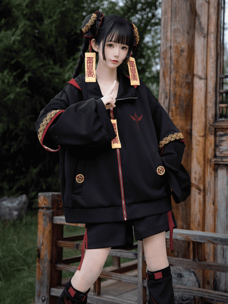 Black Techwear Elastic Waist Shorts with Draping Red Snap Straps