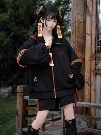 Red Goth Techwear × Little Zombie Hooded Jacket Cheongsam Outfit: Black