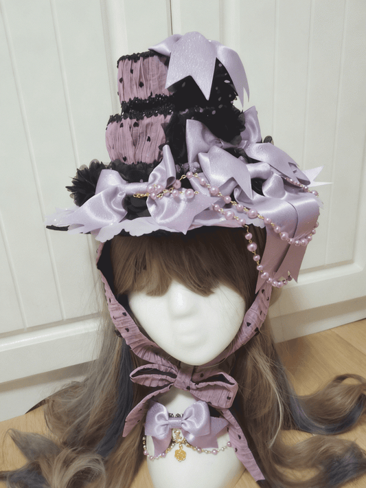 Black Hat Top Polka-Dot Purple Lolita Bowknot Pearl