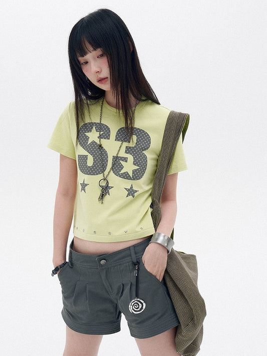 Lemon Yellow Round Neck Tee with Letter Print and Stars - innomoood