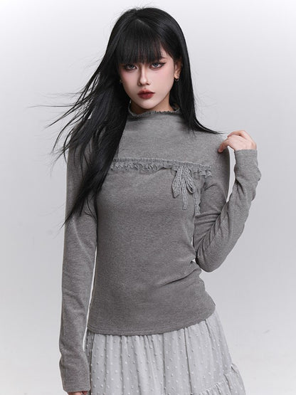 Gray/Beige/Blue Long Sleeve Fitted Top with Ruffled Lace Trim