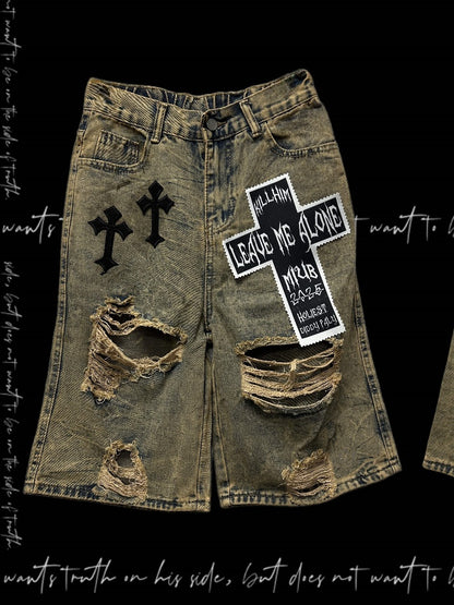 パンクなウェイストランドクロスのアップリケ、イエローのダメージ加工の穴あきデニムショーツ、Y2K