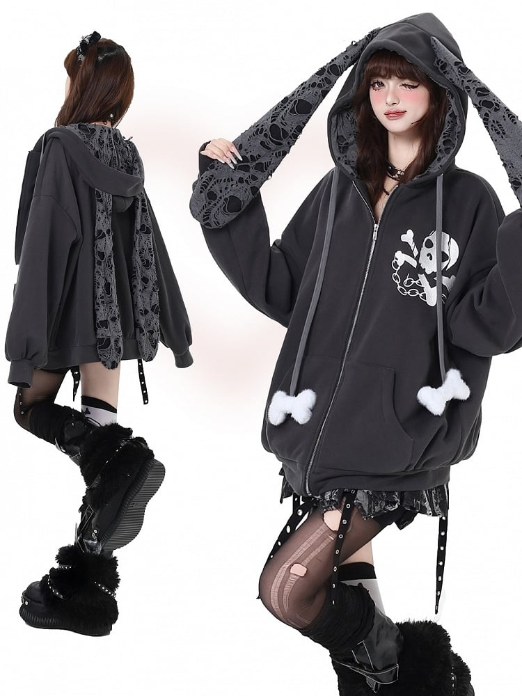 Y2K Skeleton Print Rabbit Ears Hood Punk Zip Hoodie