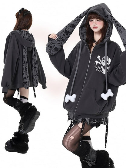 Y2K Skeleton Print Rabbit Ears Hood Punk Zip Hoodie