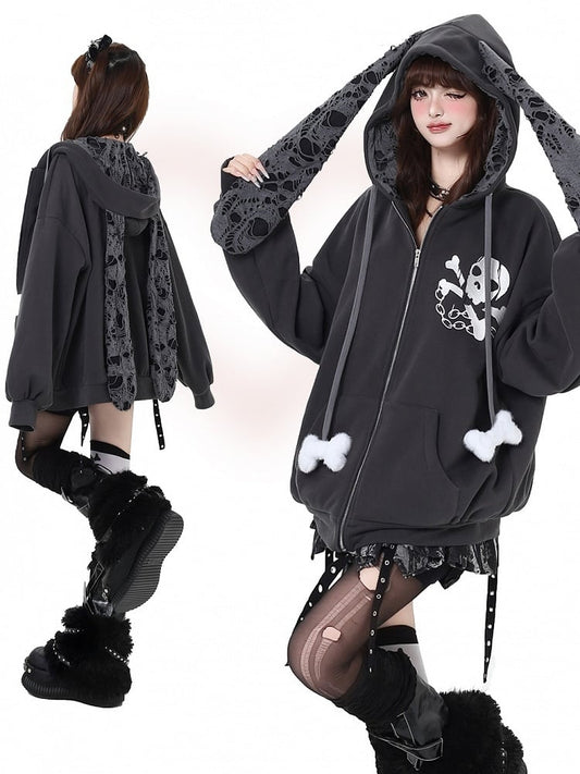 Y2K Skeleton Print Rabbit Ears Hood Punk Zip Hoodie