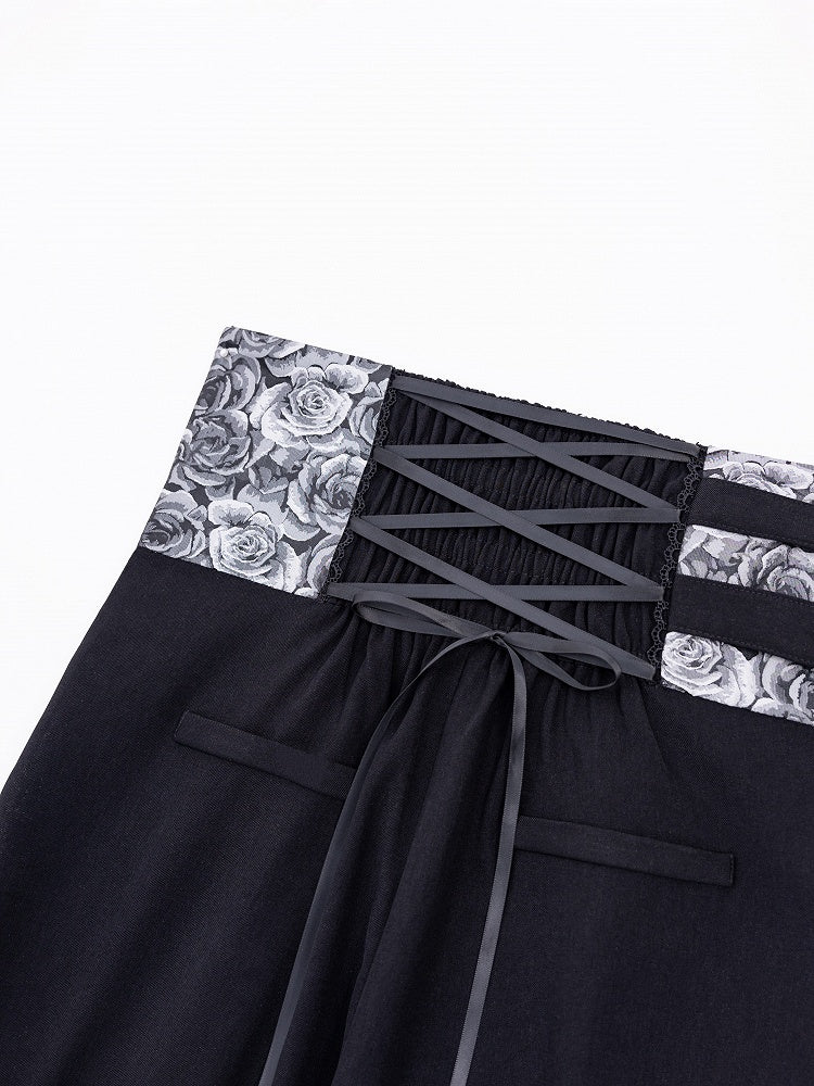 High-Waist Black Ouji Pants with Rosette Print and Buckles - DevilInspired Exclusive Collection
