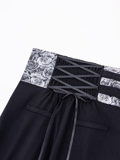 High-Waist Black Ouji Pants with Rosette Print and Buckles - DevilInspired Exclusive Collection