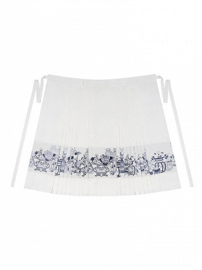 Blue & White Long Mamian Skirt with Porcelain Embroidery - Yimu Walnut