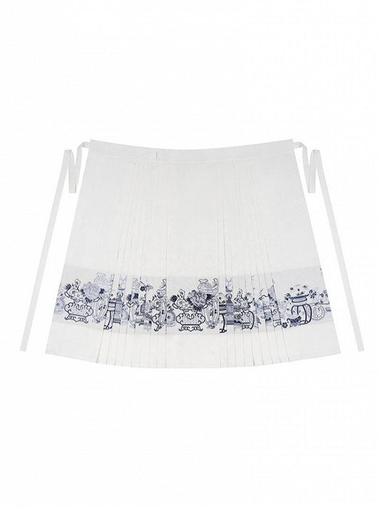 Blue & White Long Mamian Skirt with Porcelain Embroidery - Yimu Walnut