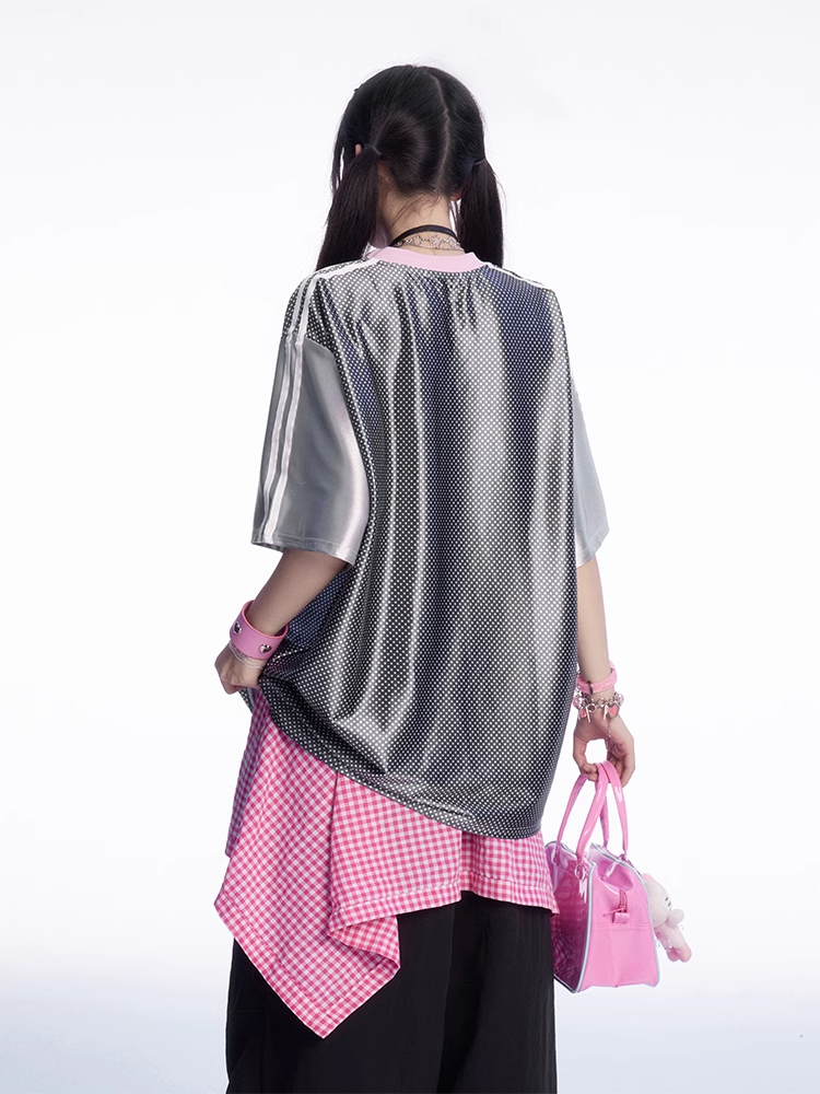 愛らしいウサギのプリント、白黒Vネック水玉Tシャツ