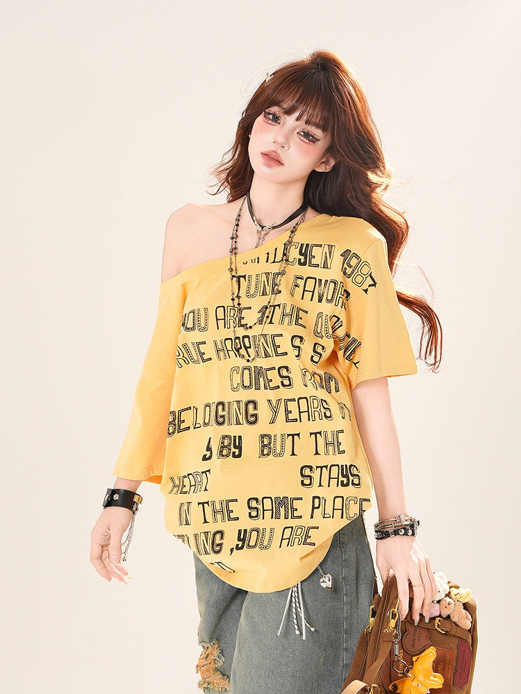 アシンメトリーネックライン レタープリント ルーズTシャツ イエロー/ホワイト/ブラック