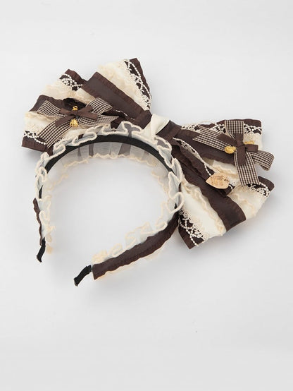 Plaid KC Brown Big Bowknot Sweet White Lace Lolita