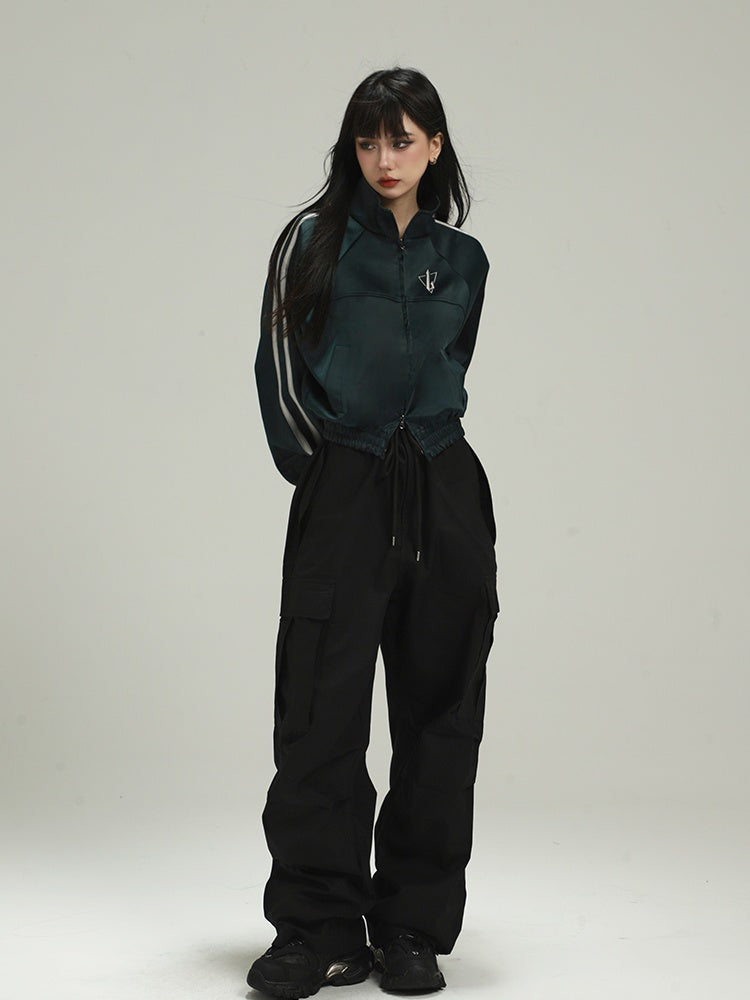 Dark Green Letter Embroidery Acubi Fashion Vintage Baseball Jacket