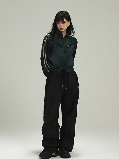 Dark Green Letter Embroidery Acubi Fashion Vintage Baseball Jacket