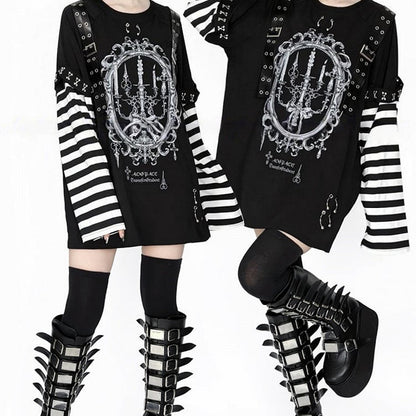 Straps Long-Sleeve White Black Decorated Printed Jirai Top Candle Punk Kei Striped Leather