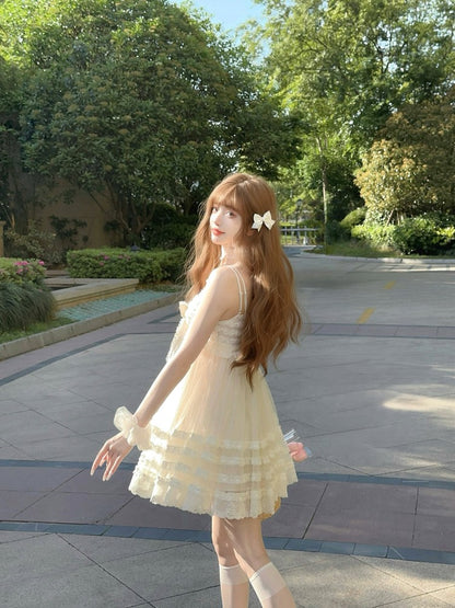 Lace With Bowknot Slip White Ruffles Dress Tiered Above Knee