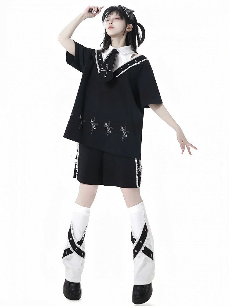 Lace Contrast Shorts Waist Trim Black Elastic Charms Cross