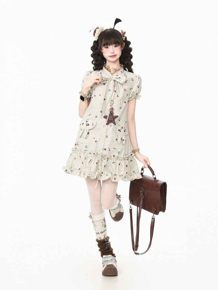Beige Star Print Plaid Puff Sleeve Dress with Bow & Bunny Ear Pockets - Languid Park