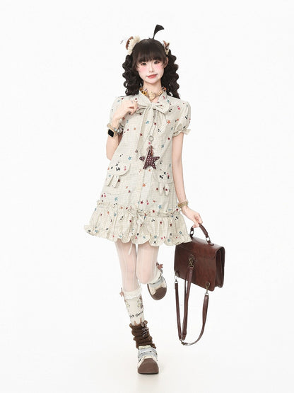 Beige Star Print Plaid Puff Sleeve Dress with Bow & Bunny Ear Pockets - Languid Park