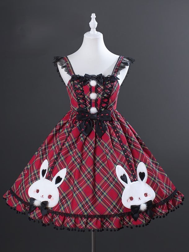 Chirstmas Red Plaid Jumper Skirt with Embroidered Fluffy Bunny Accents