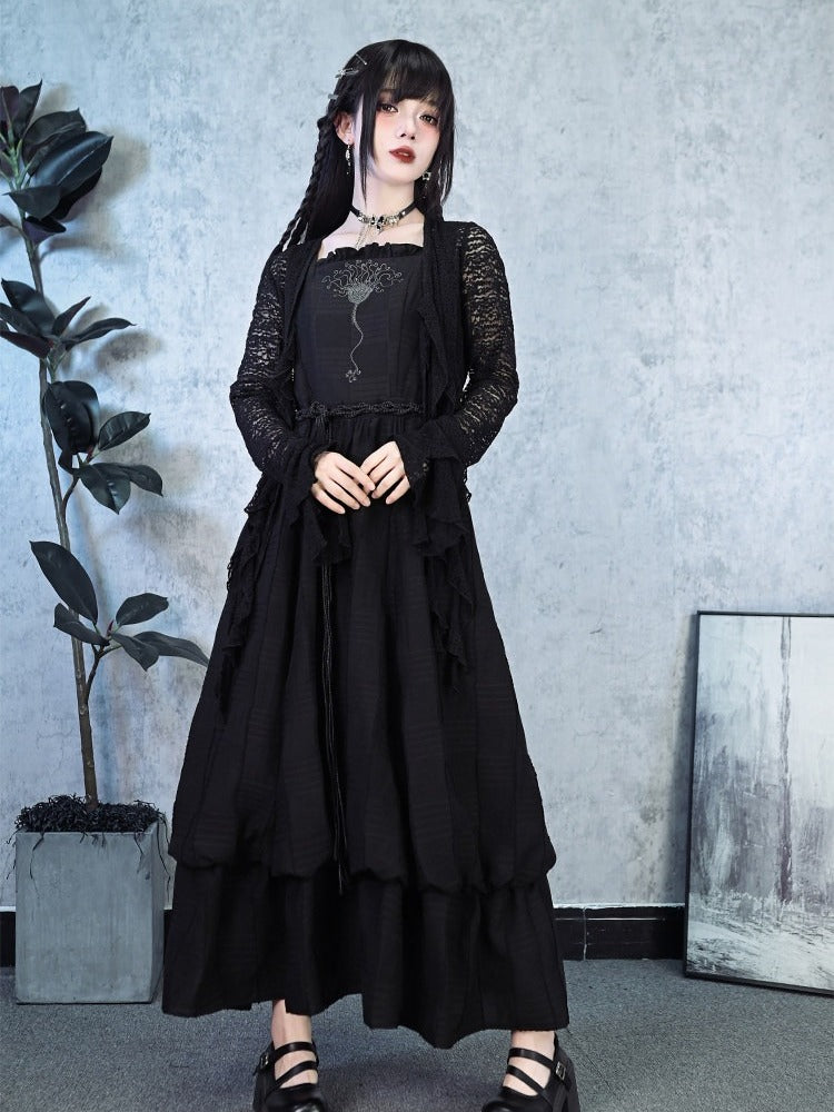 Black Square Neck Sleeveless Dress Sea Lily Embroidery