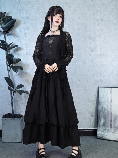 Black Square Neck Sleeveless Dress Sea Lily Embroidery
