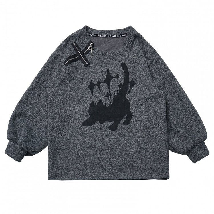 Round Cute Sweatshirt Print Neck Accent Cat Zip with