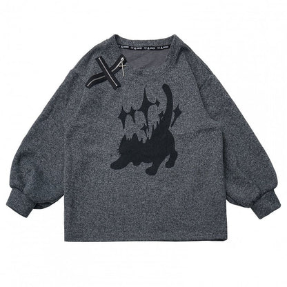 Round Cute Sweatshirt Print Neck Accent Cat Zip with