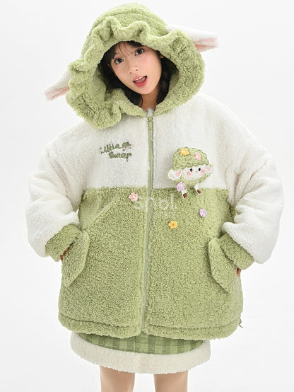 キュートなラムアップリケのホワイト＆グリーンカラーブロックデザインフリースジップパーカー
