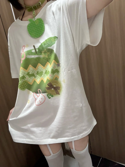 Green Apple Print White Round Neck Cotton T-Shirt Apple Choker Free with