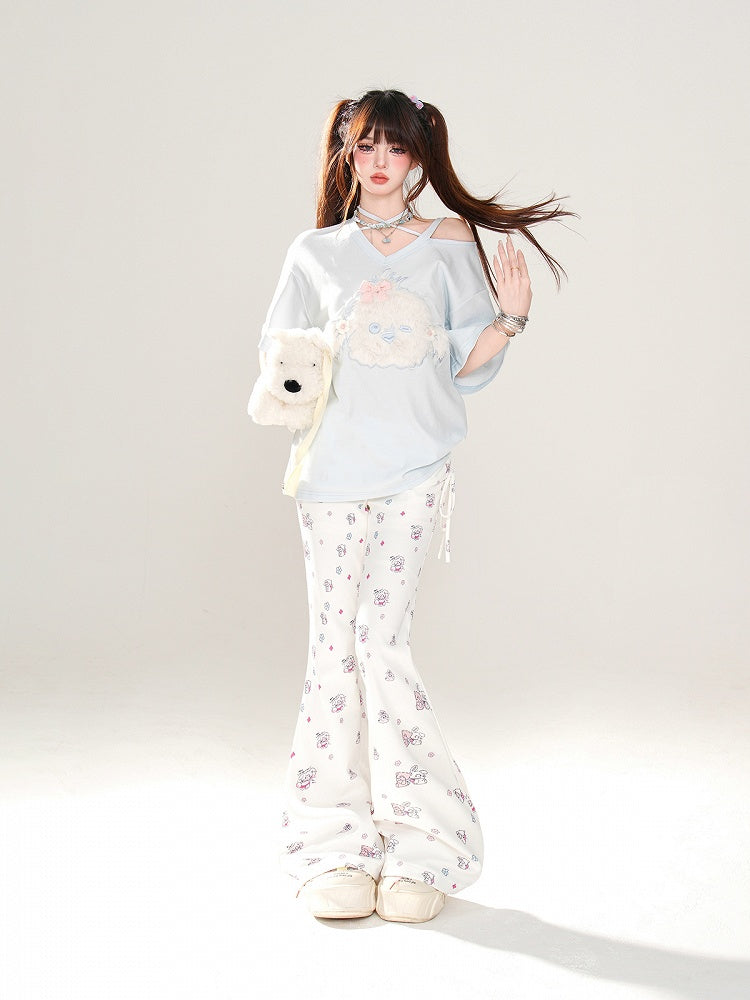 Adorable Bear and Bunny Print Drawstring Design Side White Glamorous Flared Pants