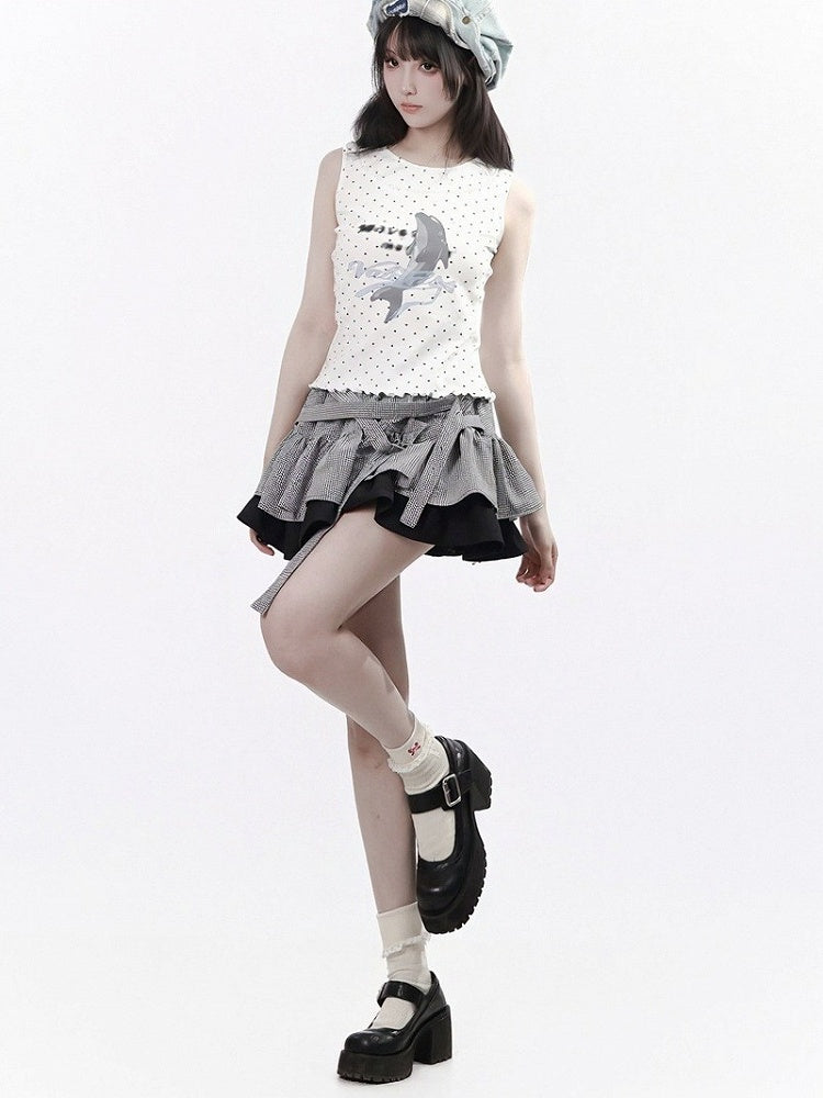 Black & White Gingham Layered Skirt with Buckle Strap - PINK SAVIOR