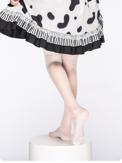 白い半透明の猫の足跡柄オーバーニーストッキング